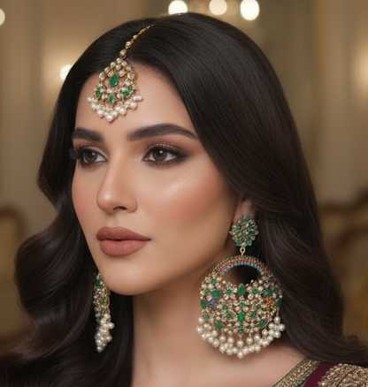 Vogue Wear™ Emerald Green Pearl Hanging Earrings & Tikka Set